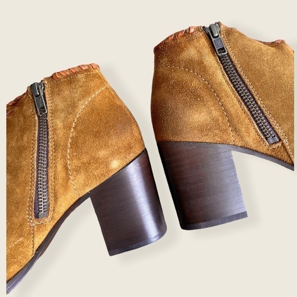Frye Nora Chestnut/Tan Leather Suede Zip Heeled Fall/Winter/Spring Ankle Booties - Picture 13 of 16